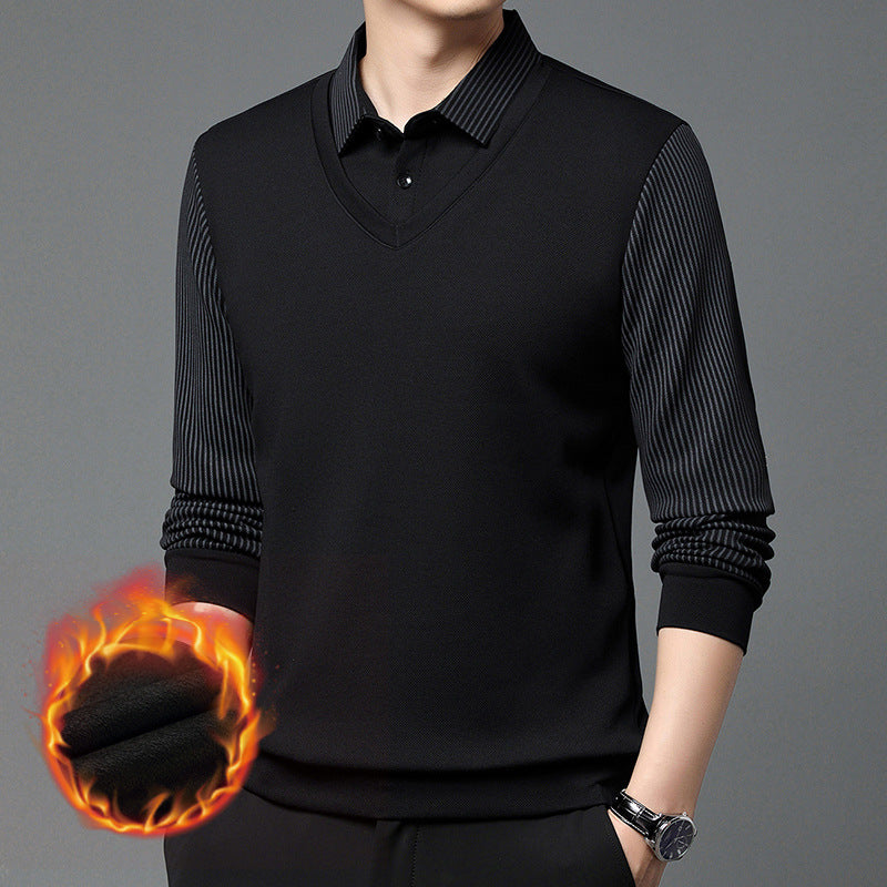 2024 men's winter velvet thickened fake two-piece long sleeves for men