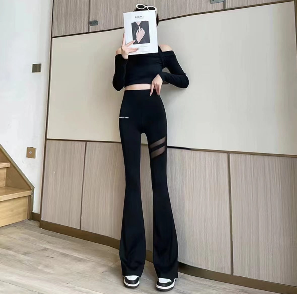 ae483-Summer mesh boot-cut high waist yoga pants