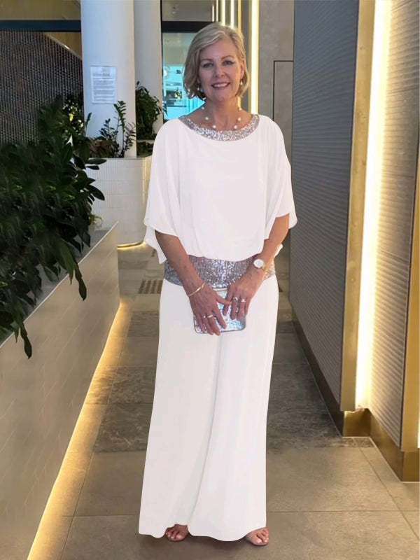 قميص خفاش برقبة دائرية مزين بالترتر وبنطلون واسع الساق للنساء(HOT)