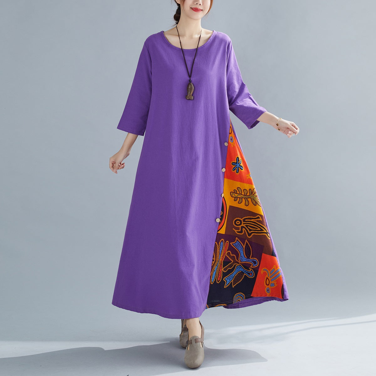 ae548-European and American floral contrast button patchwork dress