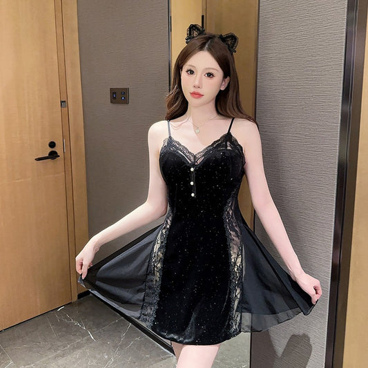 zp554-Gold Velvet Black Shiny Suspender Dress