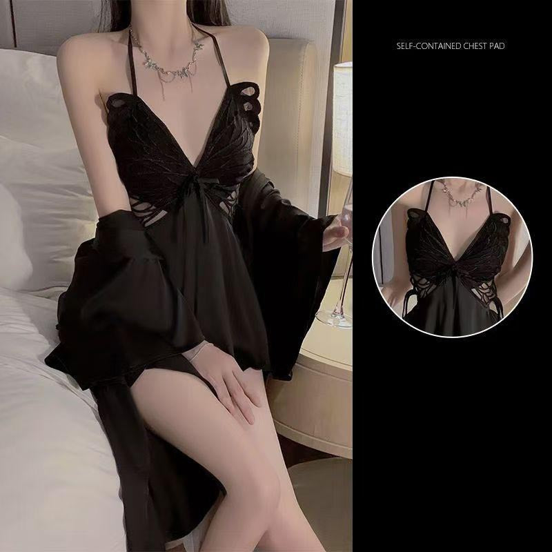 ae838-Ladies satin large butterfly pajama set with breast pad