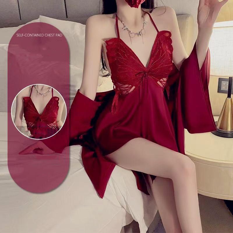 ae838-Ladies satin large butterfly pajama set with breast pad